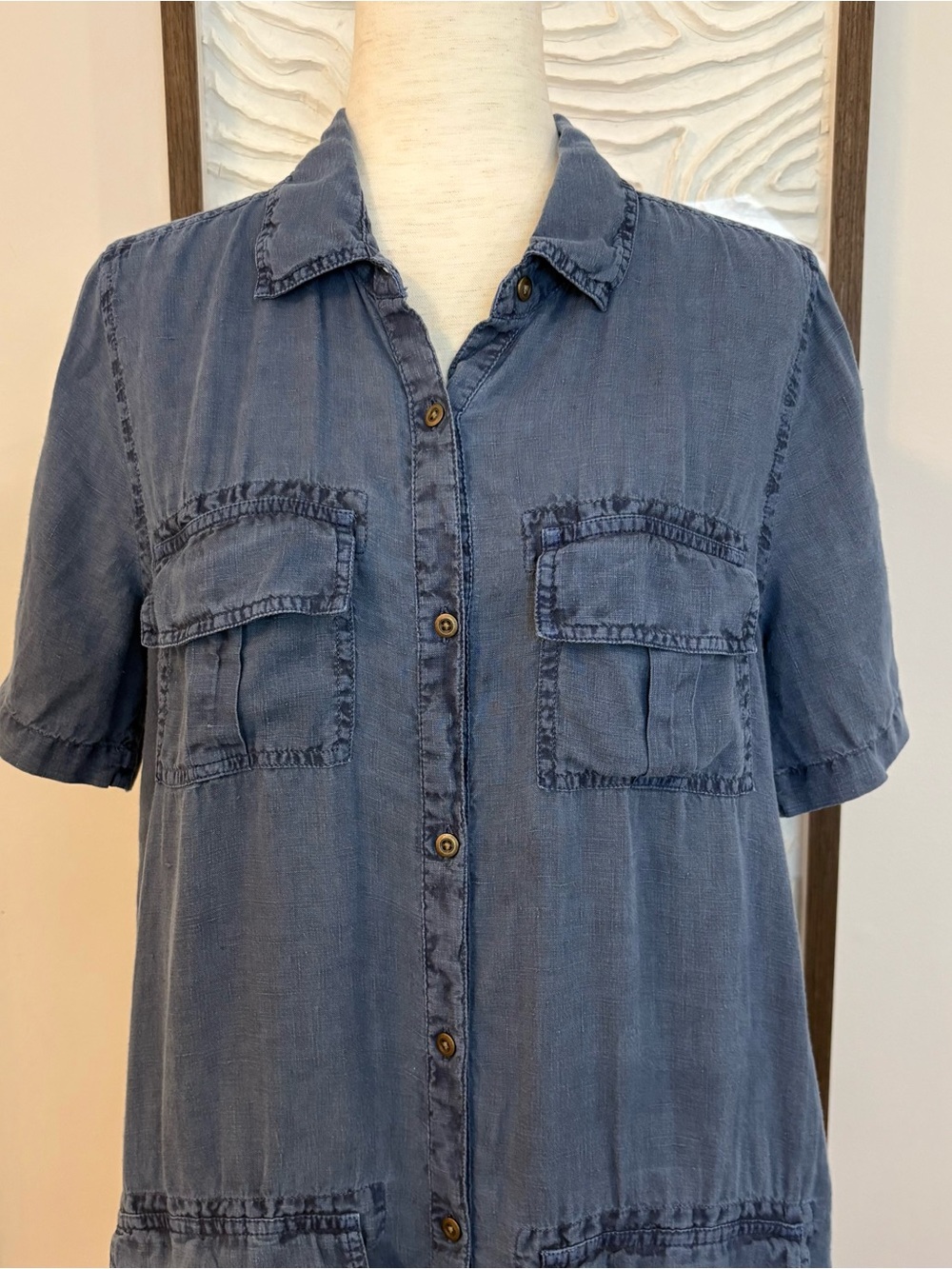 Sundance Short Button-Front Lightweight Linen Denim Blue Dress - Picture 2 of 5